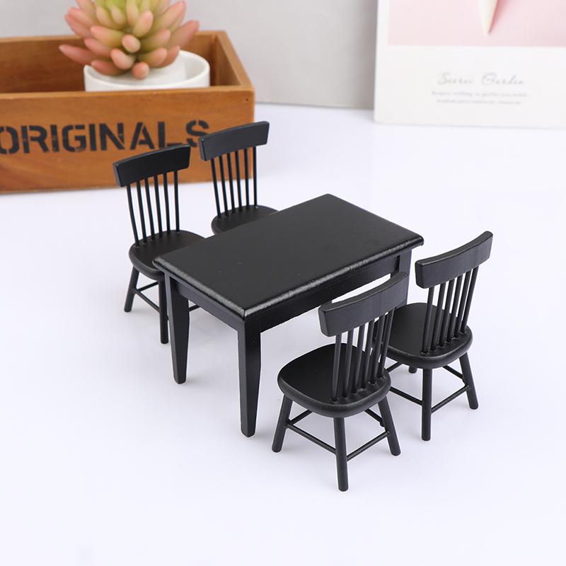 1:12 Dollhouse Restaurant Mini Dining Table Food Black Table Chairs Scene Model