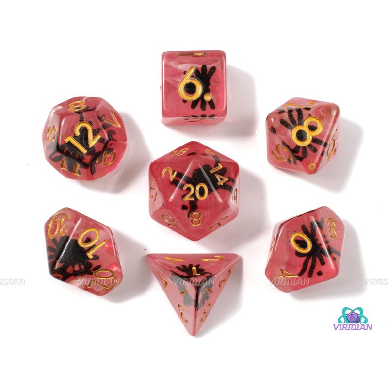 Arachnid | Spider Inside Translucent Blood Red Resin Dice Set (7) | Dungeons and Dragons (DnD)