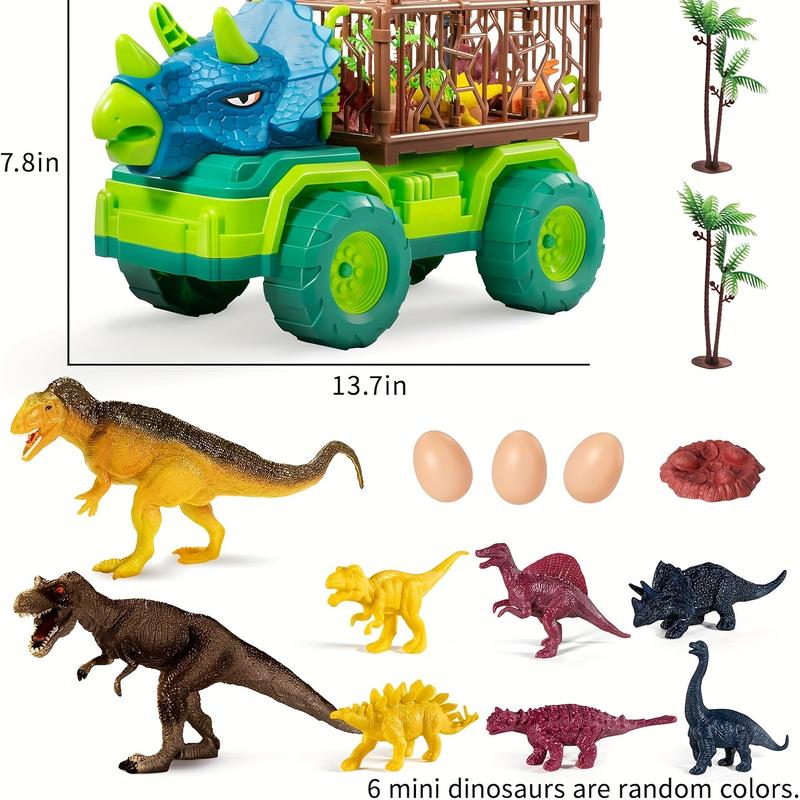 Dinosaur Truck Toy For Kid, Triceratops Transport Car Carrier With 8 Dino Figure, Play Mat, Dino Eggs And Tree, Capture Jurassic Dinosaurs Play Set