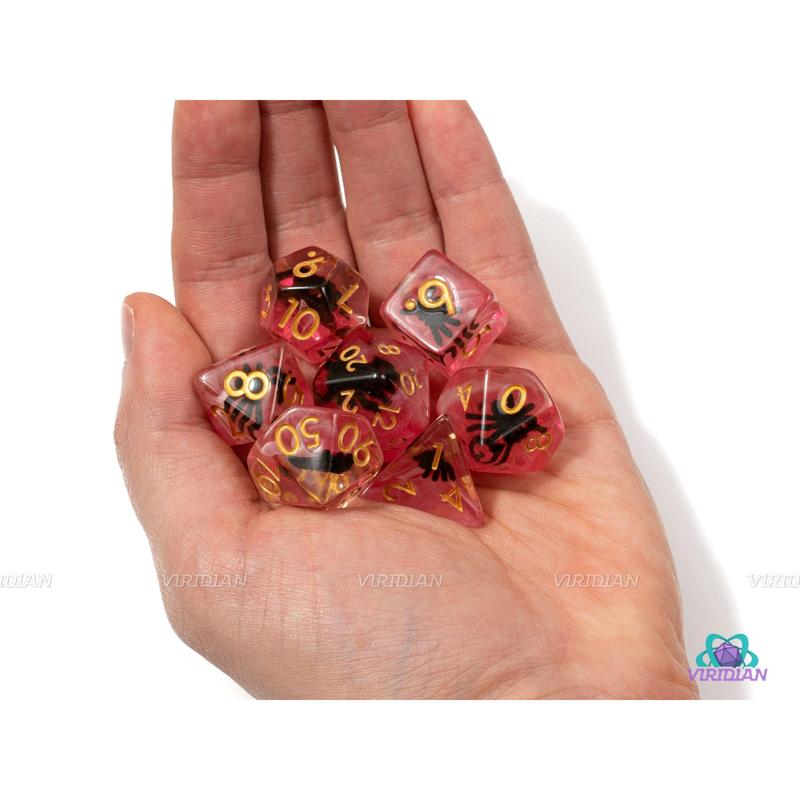 Arachnid | Spider Inside Translucent Blood Red Resin Dice Set (7) | Dungeons and Dragons (DnD)