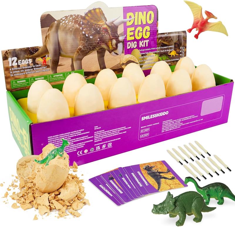 Dino Egg Dig Kit - 12 Unique Dinosaur Eggs with Learning Cards and Excavation Tools -  children Easter Party Favor Basket Stuffers, Easter Egg for Boys & Girls age 4+