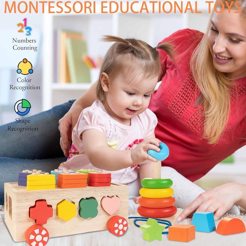 CHRISTMAS GIFT Montessori Toys for 1 Year Old, Wooden Blocks Shape Sorter Stacking Rings Baby Color Sorting Toys for Toddlers 1-3, Pull Along Educational Learning Toys, 1 Year Old Boys Girls Birthday Gift