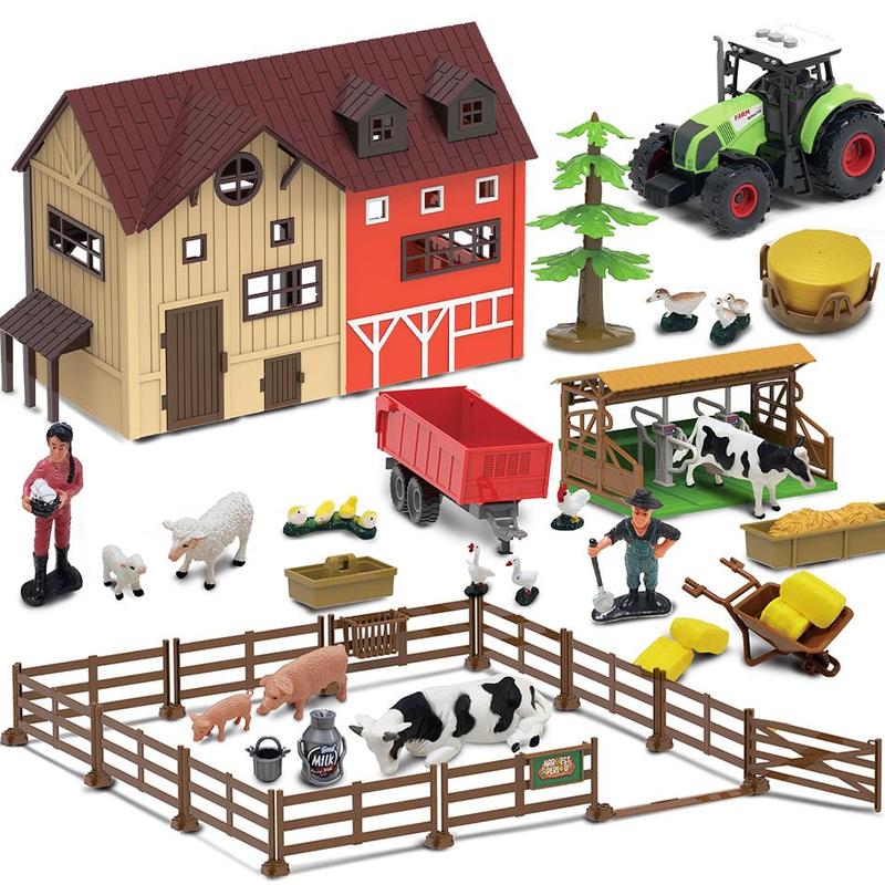 Farm Animal Statue DIY Toy Set, 101pcs set Barn Toys, Cow Sheep Tractor Trailer Farmer Fence Toy Set, Holiday Gift, Inertia Farmer Vehicle