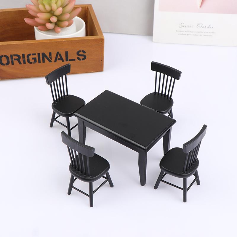 1:12 Dollhouse Restaurant Mini Dining Table Food Black Table Chairs Scene Model