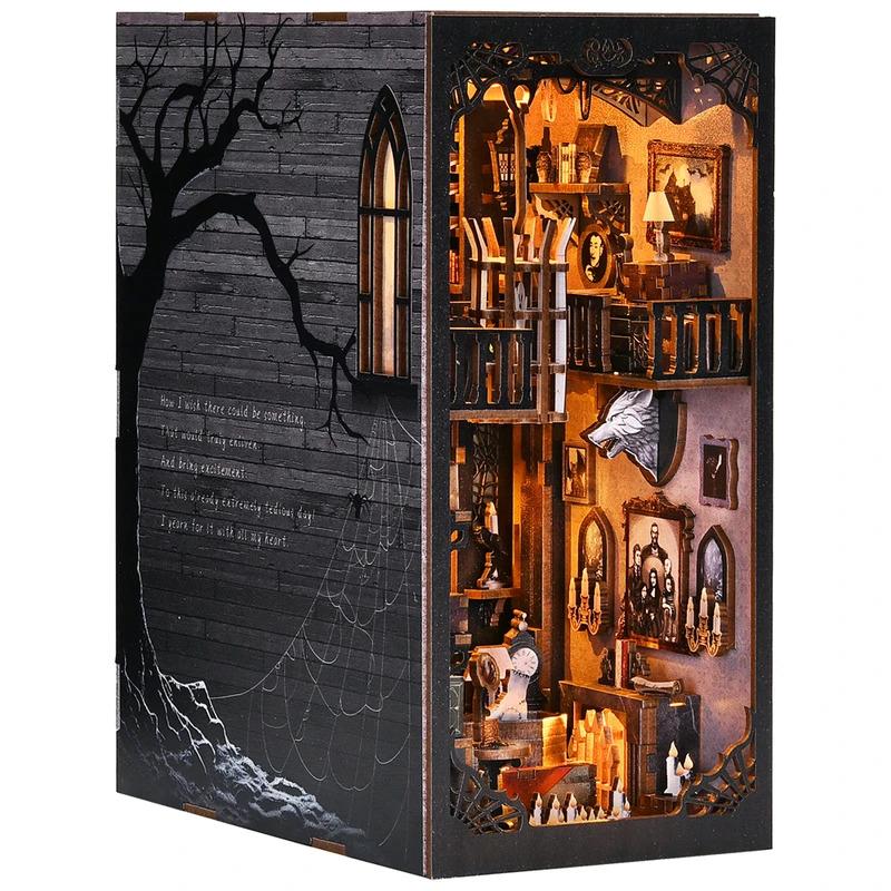 Book Nook Kit The Addams Family DIY Wooden Puzzle Wednesday Halloween Bookshelf Dollhouse Model Bookend Building Home Decoration