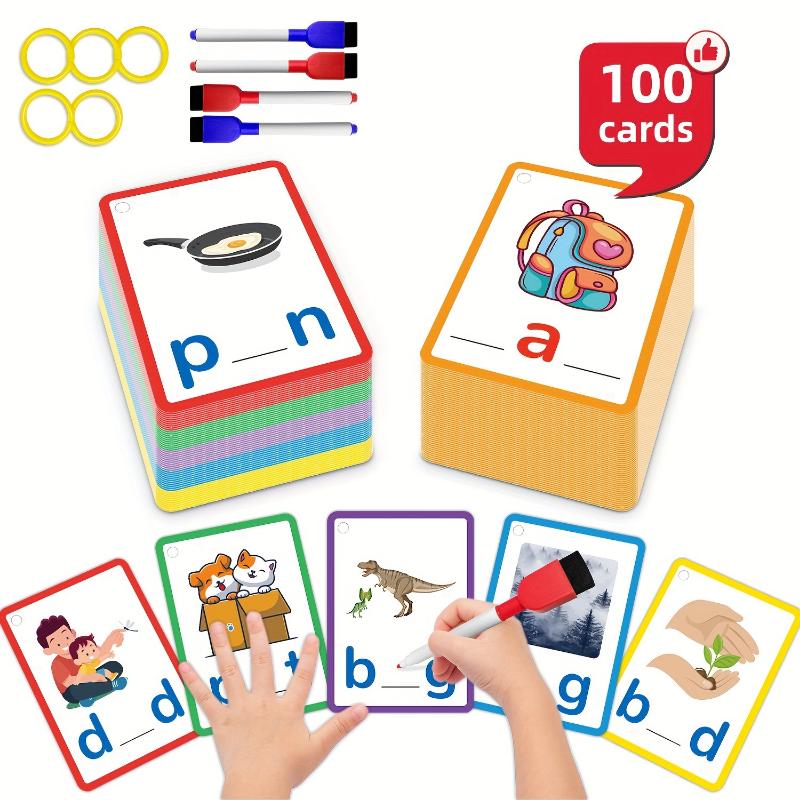 100pcs Double-sided CVC Words Guessing Cards, CVC Visual Word Handwriting Cards, Short Vowel Spelling Guessing Cards, Educational Toys Gifts, Educational Gifts Or Holiday Gifts For Kids