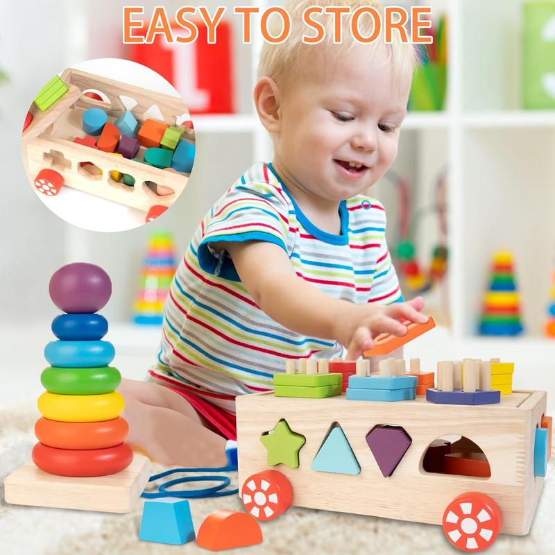 CHRISTMAS GIFT Montessori Toys for 1 Year Old, Wooden Blocks Shape Sorter Stacking Rings Baby Color Sorting Toys for Toddlers 1-3, Pull Along Educational Learning Toys, 1 Year Old Boys Girls Birthday Gift