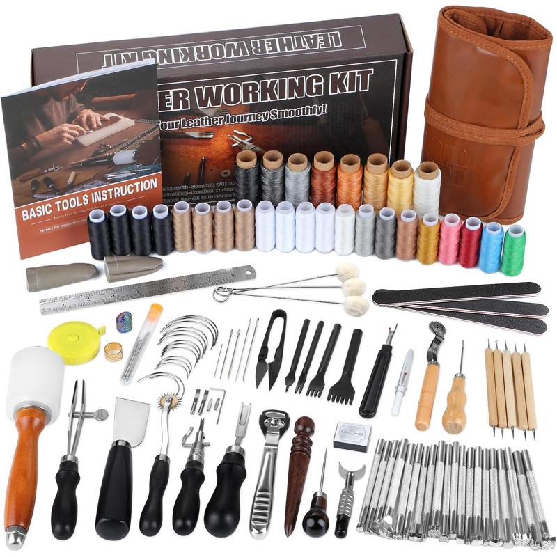 Leather Kit, Leather Tooling Kit, Practical Leather Working Tools with Leather Stamping Tools, Beveler, Groover, Stitching Punch Sewing Thread and  - Leather Roll Bag and Manual