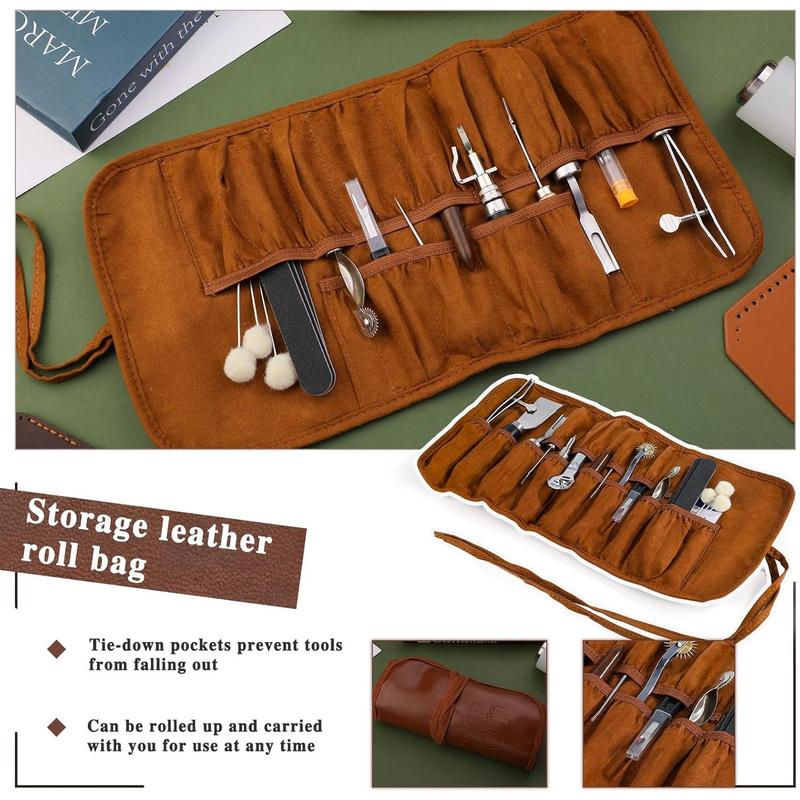 Leather Kit, Leather Tooling Kit, Practical Leather Working Tools with Leather Stamping Tools, Beveler, Groover, Stitching Punch Sewing Thread and  - Leather Roll Bag and Manual