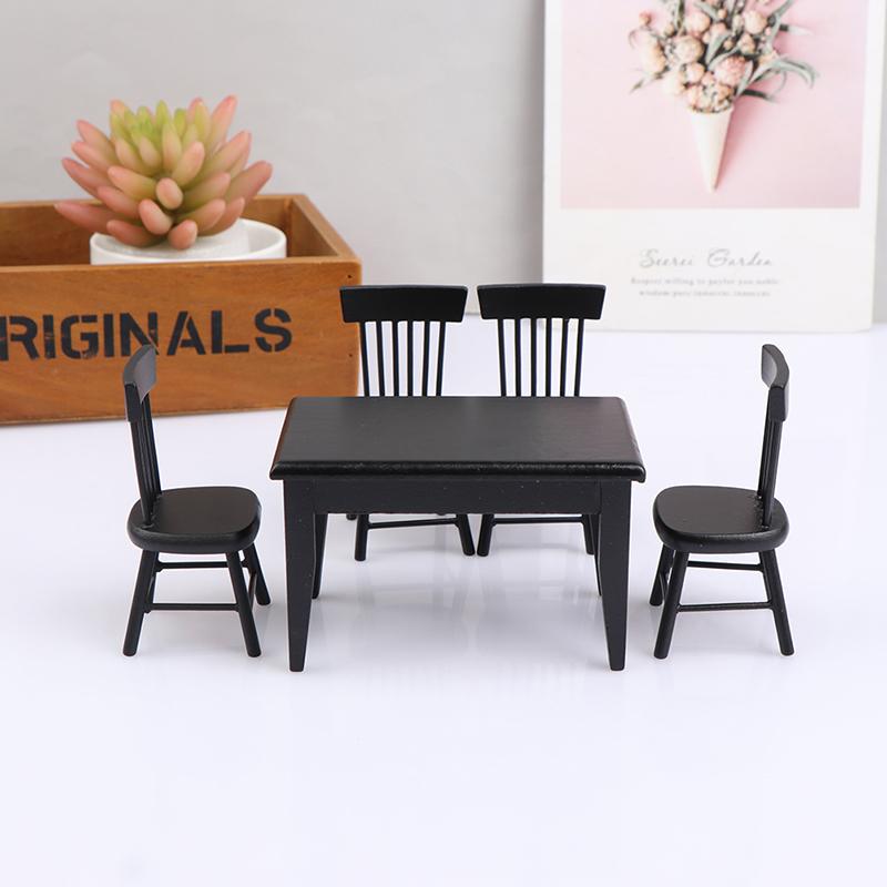 1:12 Dollhouse Restaurant Mini Dining Table Food Black Table Chairs Scene Model