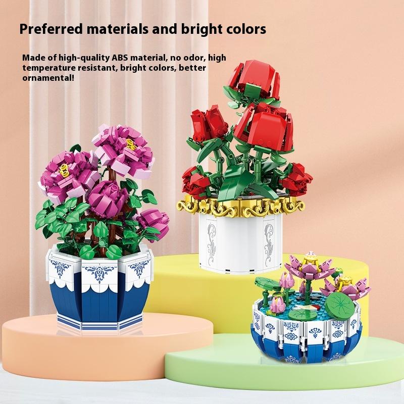 Building Blocks Flower Pot Small Particles Building Blocks Flower Puzzle Toy Assembled Building Blocks Small Ornaments Gifts buildingsets small building flower bouquet blocks building set