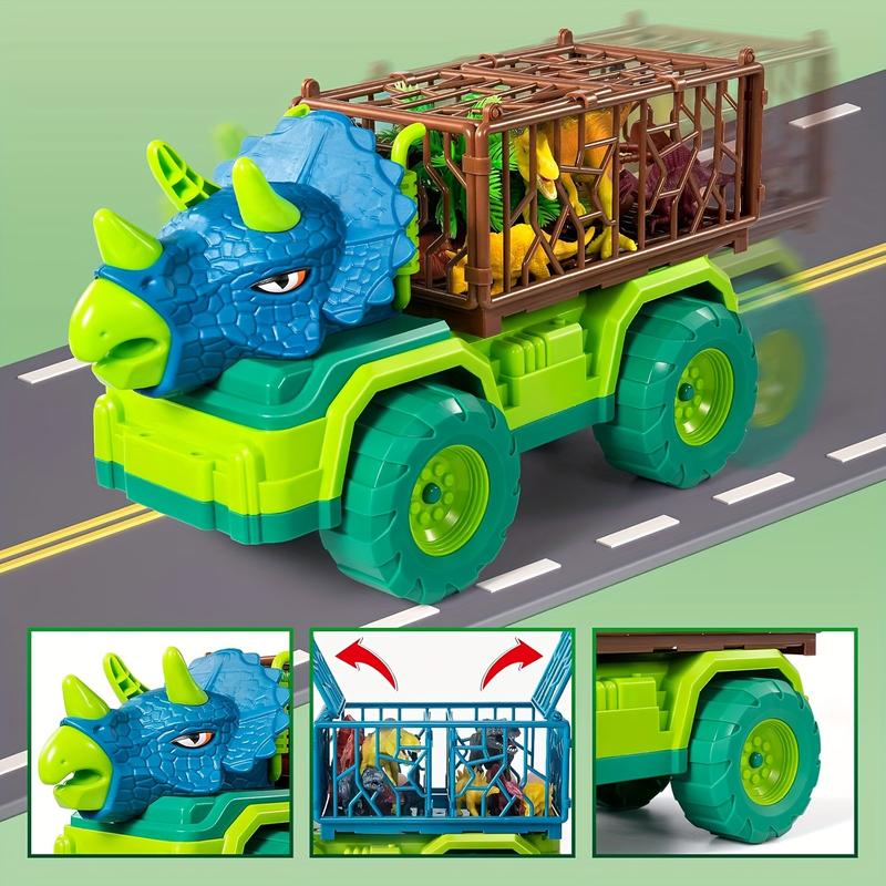 Dinosaur Truck Toy For Kid, Triceratops Transport Car Carrier With 8 Dino Figure, Play Mat, Dino Eggs And Tree, Capture Jurassic Dinosaurs Play Set