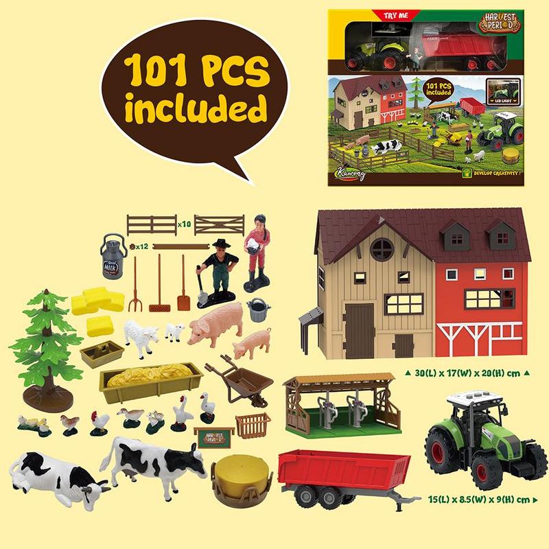 Farm Animal Statue DIY Toy Set, 101pcs set Barn Toys, Cow Sheep Tractor Trailer Farmer Fence Toy Set, Holiday Gift, Inertia Farmer Vehicle