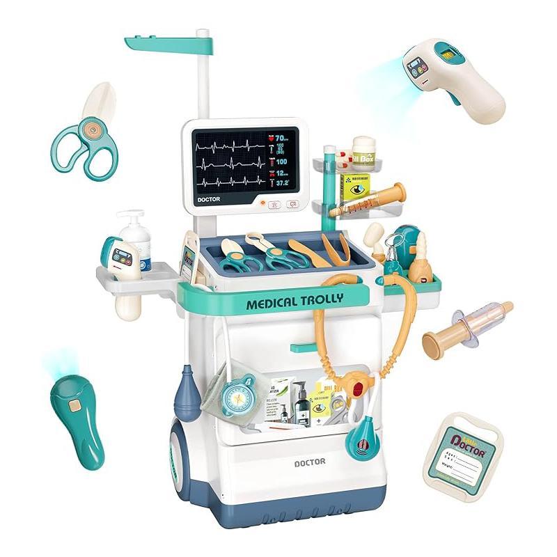 Doctor Toy Set, 1 Box Simulation Medical Station Toy with 26 Accessories, Mobile Cart with Lights and Thermometer, Pretend Play Toy for Boys & Girls