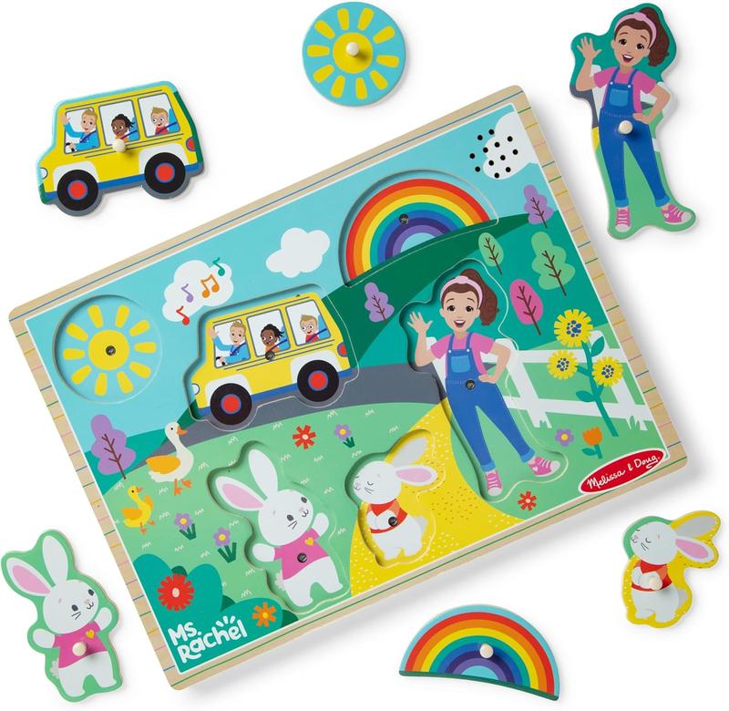 [XMAS SAVINGS NOW] Melissa & Doug Ms. Rachel Wooden Song Peg Puzzle, Light Activated, 6-Piece with Full Songs