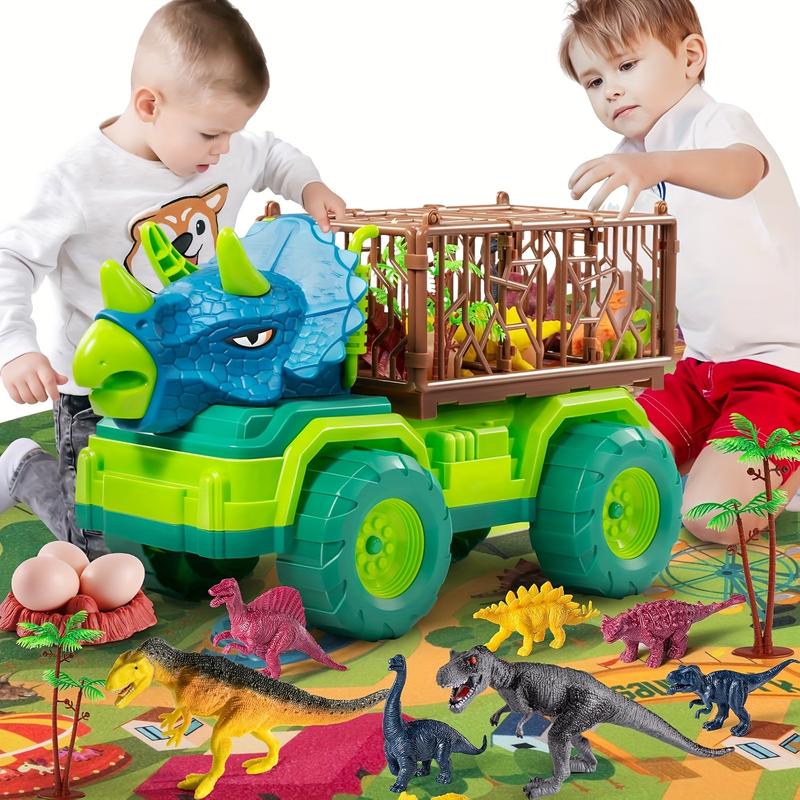 Dinosaur Truck Toy For Kid, Triceratops Transport Car Carrier With 8 Dino Figure, Play Mat, Dino Eggs And Tree, Capture Jurassic Dinosaurs Play Set