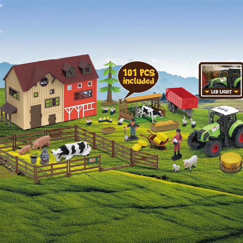 Farm Animal Statue DIY Toy Set, 101pcs set Barn Toys, Cow Sheep Tractor Trailer Farmer Fence Toy Set, Holiday Gift, Inertia Farmer Vehicle