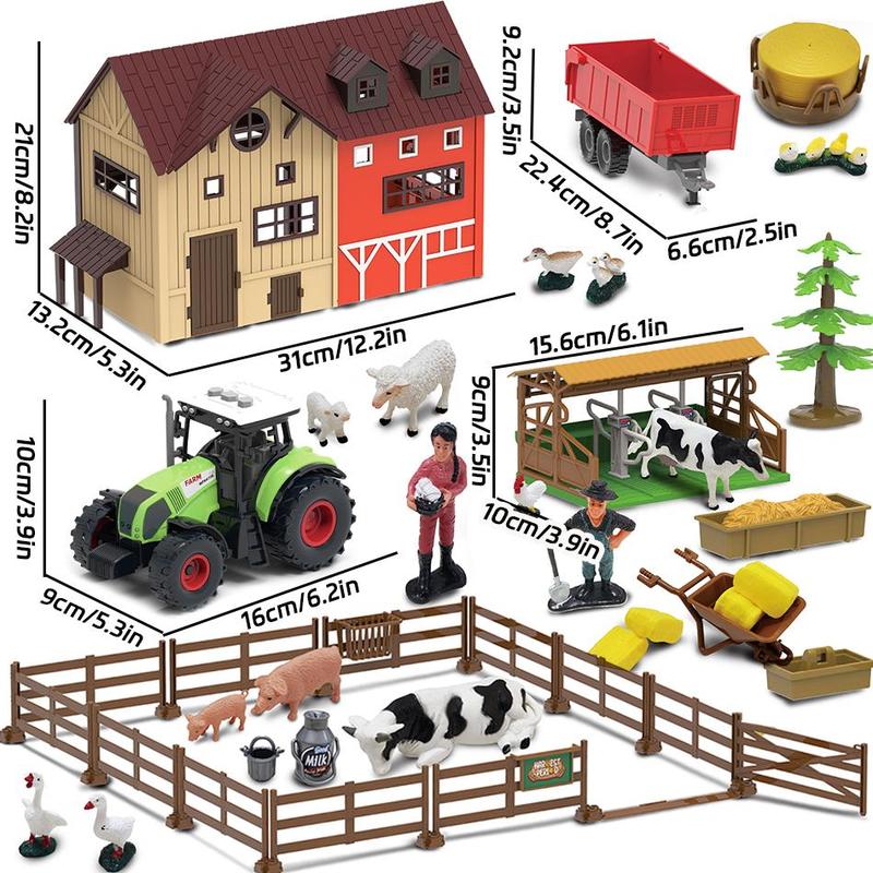 Farm Animal Statue DIY Toy Set, 101pcs set Barn Toys, Cow Sheep Tractor Trailer Farmer Fence Toy Set, Holiday Gift, Inertia Farmer Vehicle