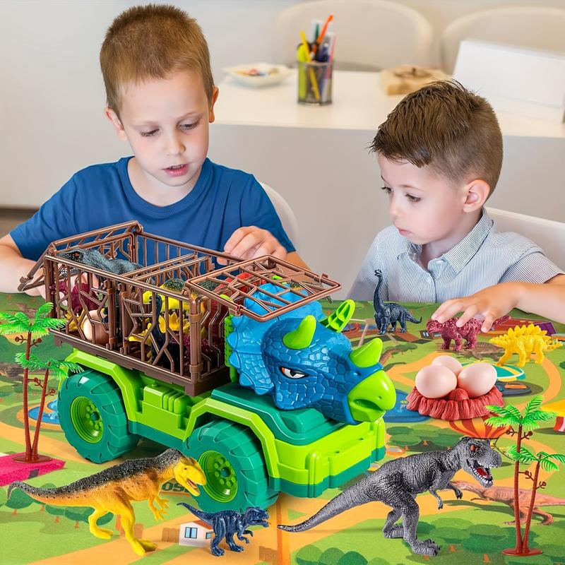 Dinosaur Truck Toy For Kid, Triceratops Transport Car Carrier With 8 Dino Figure, Play Mat, Dino Eggs And Tree, Capture Jurassic Dinosaurs Play Set