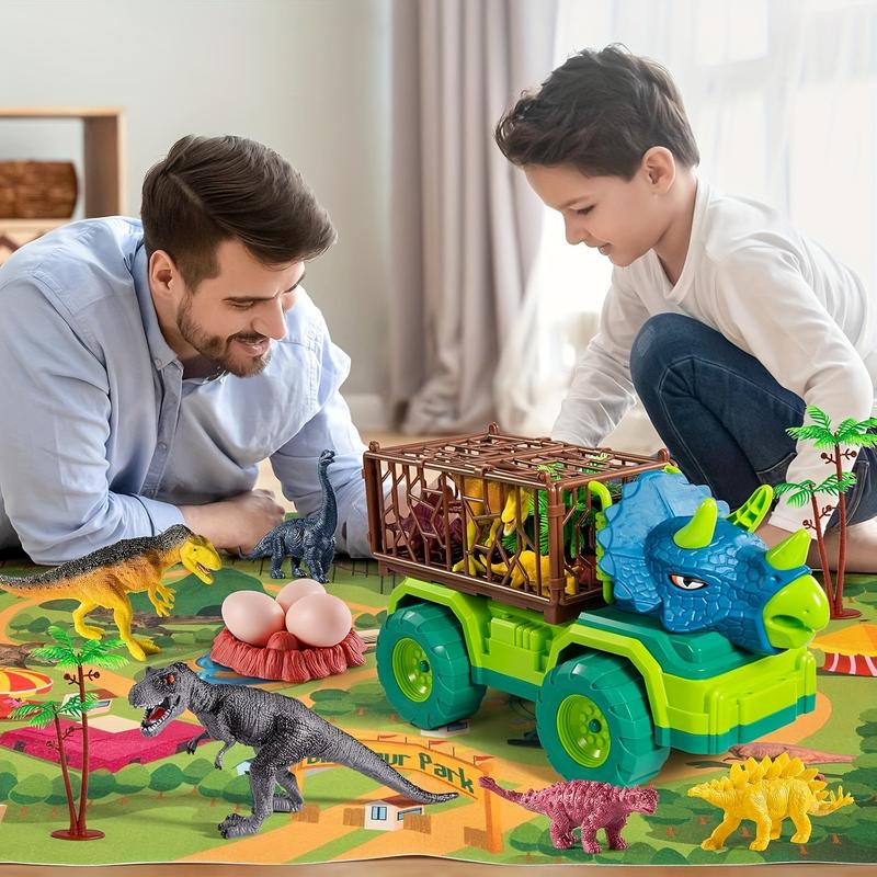 Dinosaur Truck Toy For Kid, Triceratops Transport Car Carrier With 8 Dino Figure, Play Mat, Dino Eggs And Tree, Capture Jurassic Dinosaurs Play Set