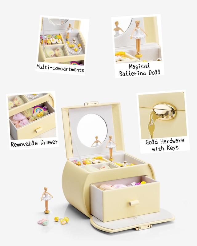 VLANDO Kids Musical Jewelry Box for Girls with Drawer, Music Box with Ballerina and Stickers for Birthday Bedroom Decor, Christmas Thanksgiving Gifts for Girls Kids