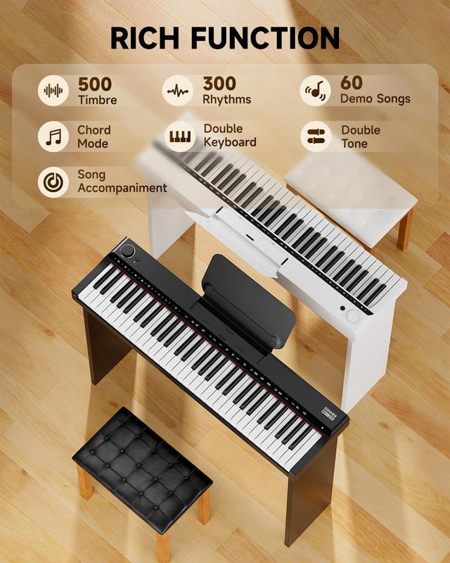 Donner DK-10S Electronic Keyboard Piano 61 Key for Beginners, with Indicator Light Guidance, Wooden Piano Stand& Music Stand, Supports USB-MIDI, AUX Out, Headphone Mode, Sustain Pedal, Black