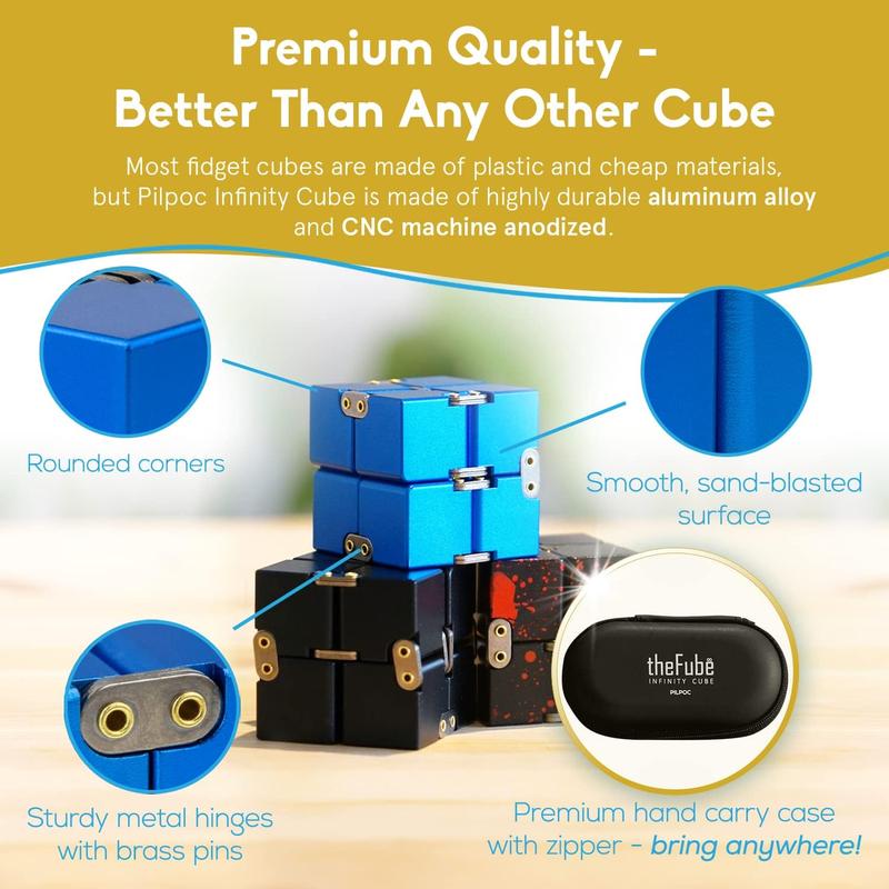 TheFube Infinity Cube Fidget Toy - Quality Aluminum Infinity Fidgeting Cube For Adults With Case, Sturdy, Heavy (Black)