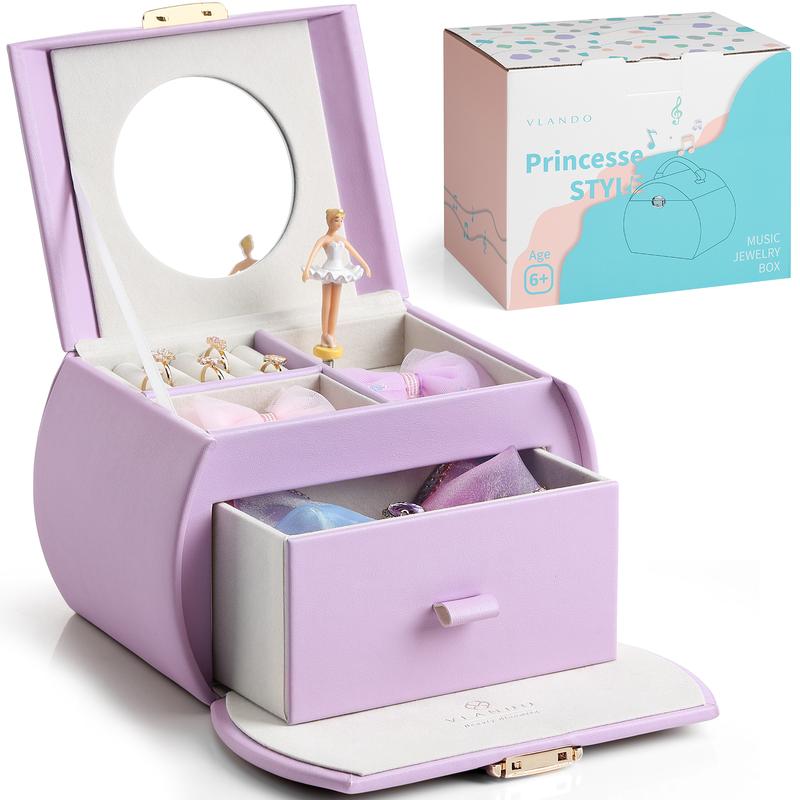 VLANDO Kids Musical Jewelry Box for Girls with Drawer, Music Box with Ballerina and Stickers for Birthday Bedroom Decor, Christmas Thanksgiving Gifts for Girls Kids