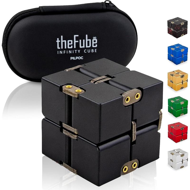 TheFube Infinity Cube Fidget Toy - Quality Aluminum Infinity Fidgeting Cube For Adults With Case, Sturdy, Heavy (Black)