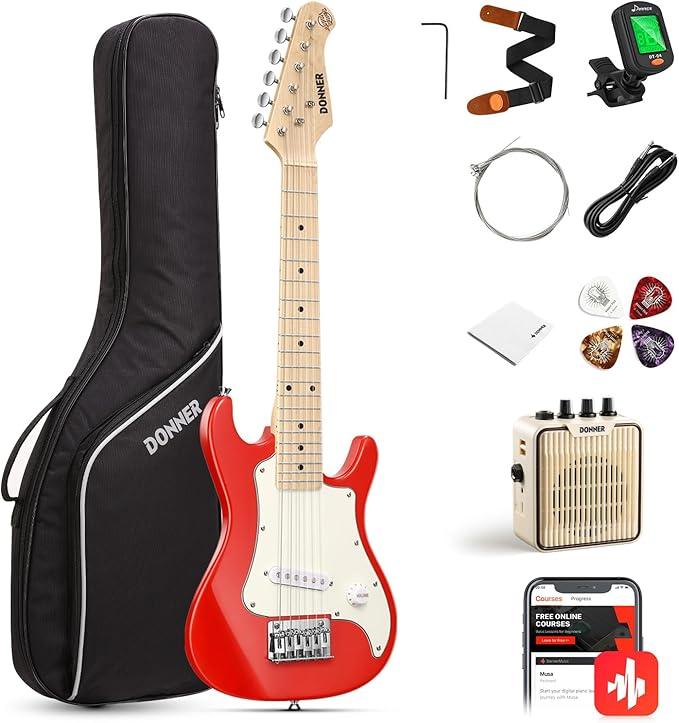 Donner 30 Inch Kids Electric Guitar Beginner Kits ST Style Mini Electric Guitar for Boys Girls with Amp, 600D Bag, Tuner, Picks, Cable, Strap, Extra Strings, DSJ-100, Black