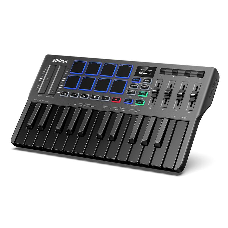 Donner DMK25 Pro MIDI Keyboard Controller, 25 Mini Key Portable USB-C MIDI Keyboard with 8 Drum Pads, OLED Display, Personalized Touch Bar, Music Production Software and 40 Free Courses