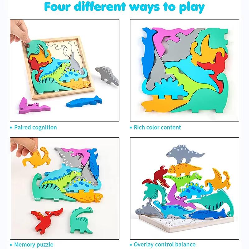 Wooden Dinosaur Puzzles for Toddlers 2-4, Stacking Dinosaur Blocks Toys Cognitive Learning Montessori Educational Toys for 2 3 4 Year Old Gifts