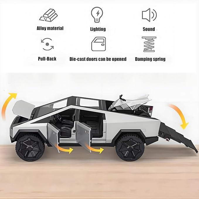 Tesla Cybertruck 1:32 Scale Model, High Brightness LED Lights, and Motor Sound – High-Detail Die-Cast Pickup Truck for Tesla Lovers | Best Gift for Car Model Collectors