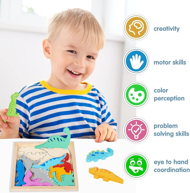 Wooden Dinosaur Puzzles for Toddlers 2-4, Stacking Dinosaur Blocks Toys Cognitive Learning Montessori Educational Toys for 2 3 4 Year Old Gifts