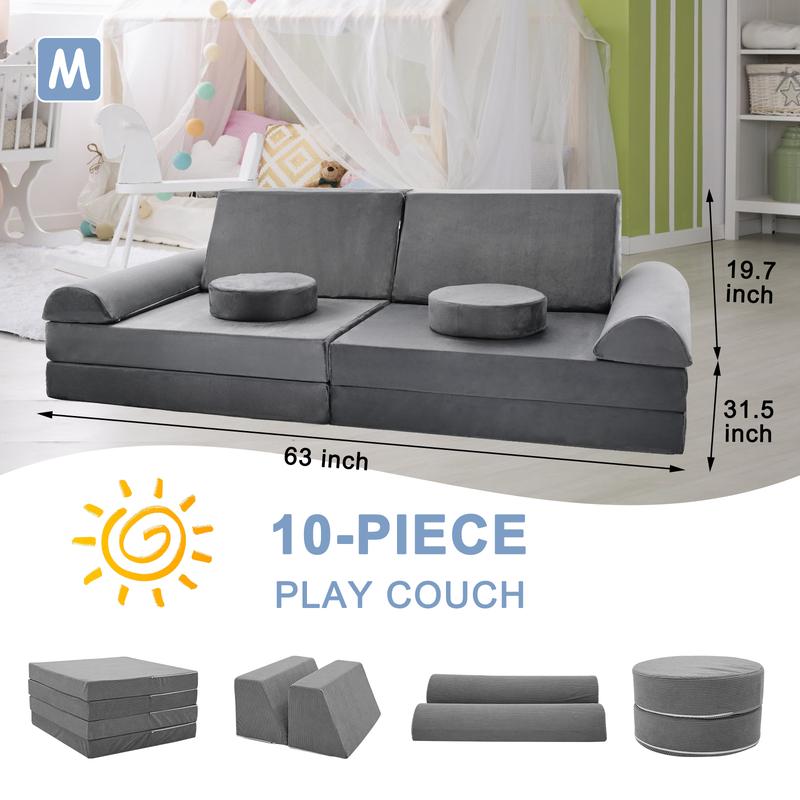 LILYPELLE Kids Couch Play Set, 8 10 11PCS Modular Kids Sofa Couch Fold Out Couch Playhouse Play Set for Toddlers, Creative Couch Kids Foam Play Couch Indoor