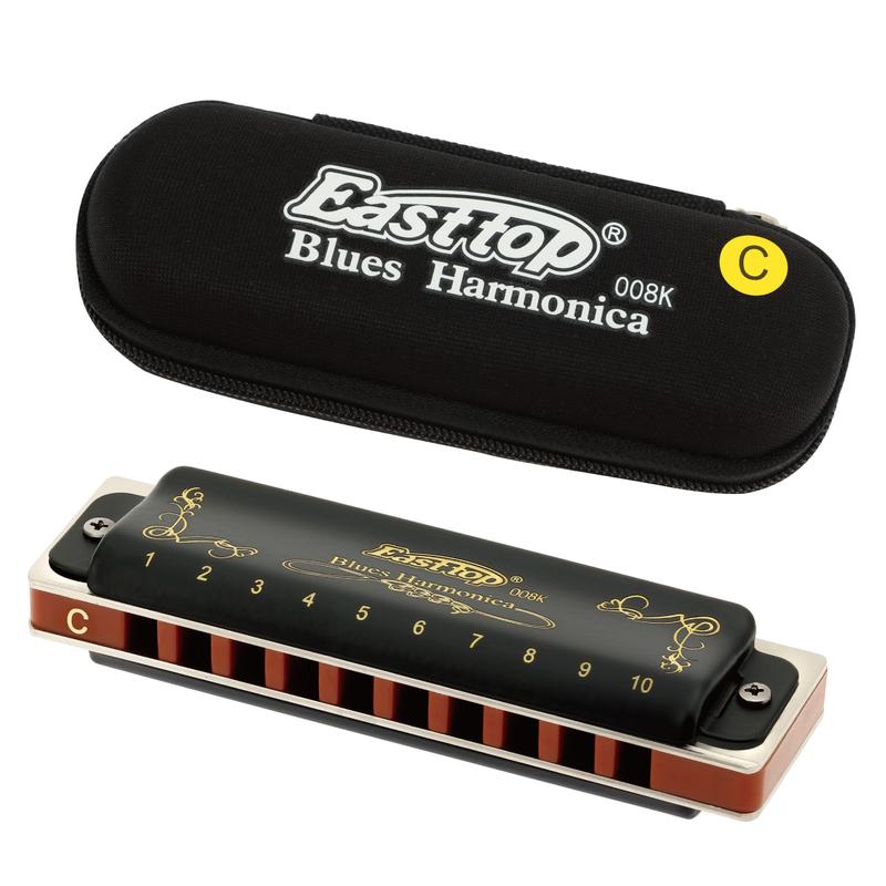 East top Diatonic Harmonica 10 Holes 20 Tones T008K Blues Harp Mouth Organ Harmonica with Black Cover, Top Grade Harmonica for Adults, Professionals and Students as Gift