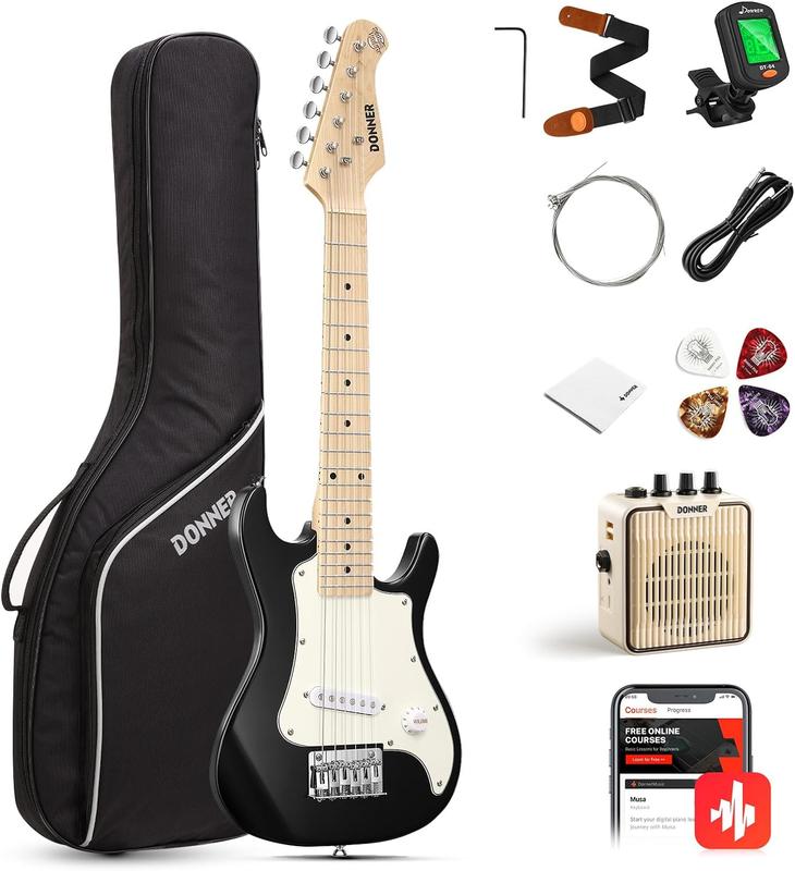 Donner 30 Inch Kids Electric Guitar Beginner Kits ST Style Mini Electric Guitar for Boys Girls with Amp, 600D Bag, Tuner, Picks, Cable, Strap, Extra Strings, DSJ-100, Black