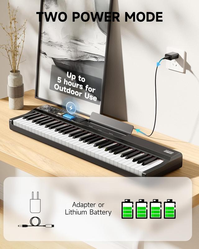 Donner DK-10S Electronic Keyboard Piano 61 Key for Beginners, with Indicator Light Guidance, Wooden Piano Stand& Music Stand, Supports USB-MIDI, AUX Out, Headphone Mode, Sustain Pedal, Black