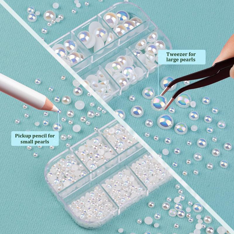 3 Boxes of Flat Back AB Pearls Kit with 3-10mm white AB half round pearls, plus pickup pencil and tweezer for various DIY uses.