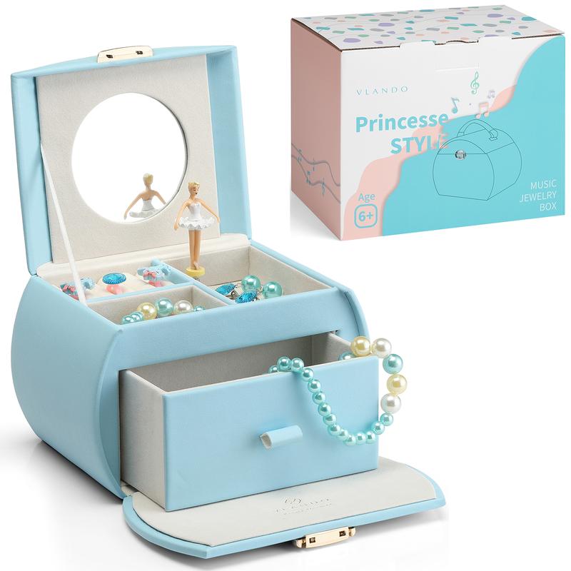 VLANDO Kids Musical Jewelry Box for Girls with Drawer, Music Box with Ballerina and Stickers for Birthday Bedroom Decor, Christmas Thanksgiving Gifts for Girls Kids