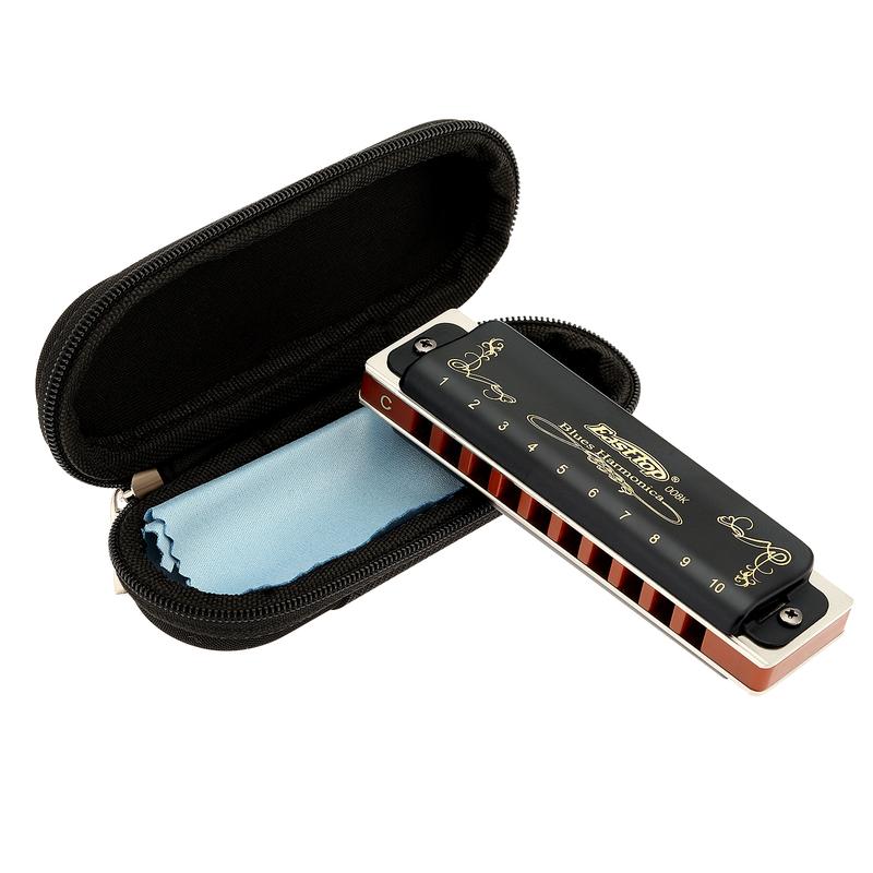 East top Diatonic Harmonica 10 Holes 20 Tones T008K Blues Harp Mouth Organ Harmonica with Black Cover, Top Grade Harmonica for Adults, Professionals and Students as Gift