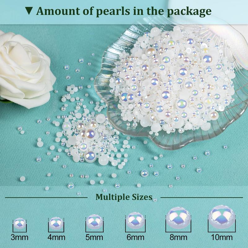 3 Boxes of Flat Back AB Pearls Kit with 3-10mm white AB half round pearls, plus pickup pencil and tweezer for various DIY uses.