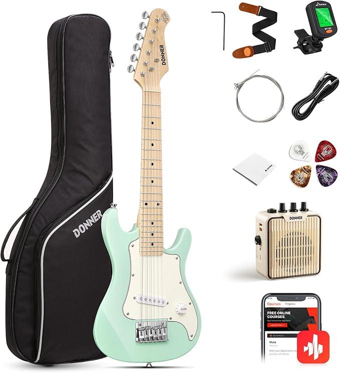 Donner 30 Inch Kids Electric Guitar Beginner Kits ST Style Mini Electric Guitar for Boys Girls with Amp, 600D Bag, Tuner, Picks, Cable, Strap, Extra Strings, DSJ-100, Black