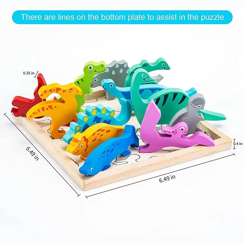 Wooden Dinosaur Puzzles for Toddlers 2-4, Stacking Dinosaur Blocks Toys Cognitive Learning Montessori Educational Toys for 2 3 4 Year Old Gifts