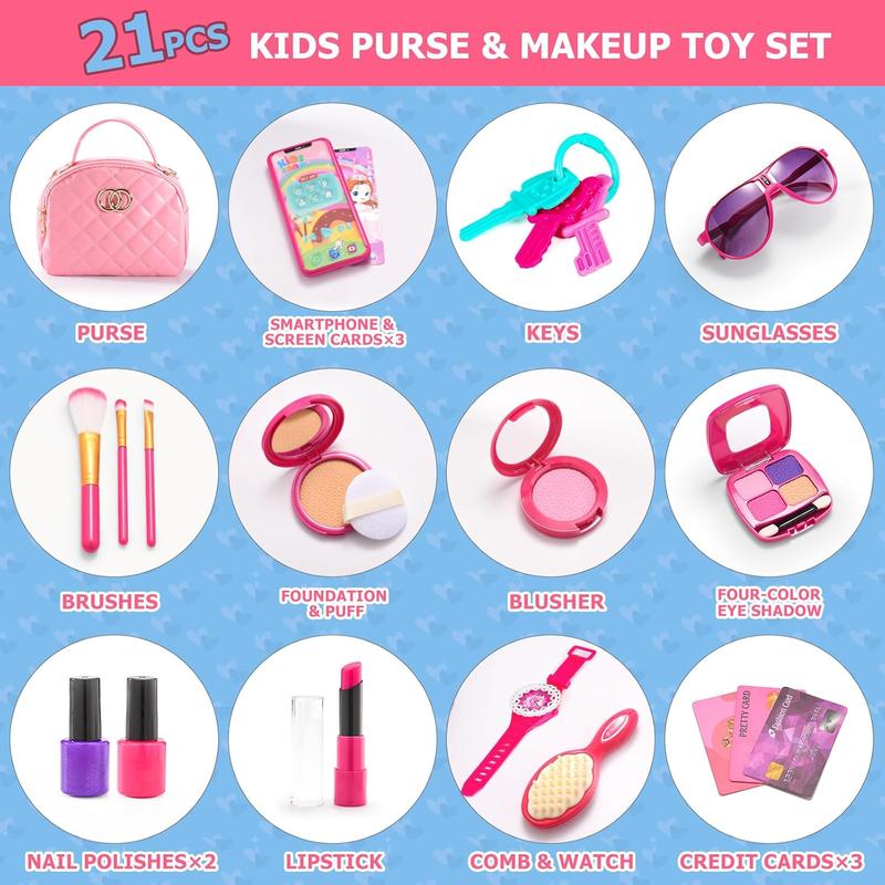 CHRISTMAS GIFT  Pink Princess Toddler Purse with Accessories - Pretend Play Makeup Kits for Girls Age 4-5 3-5 4-6 - Perfect Birthday Gift