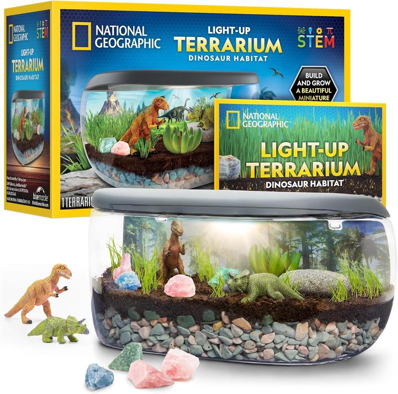 NATIONAL GEOGRAPHIC Light Up Terrarium Kit for Kids - Build a Dinosaur Habitat with Real Plants & Gemstones, Science Kit