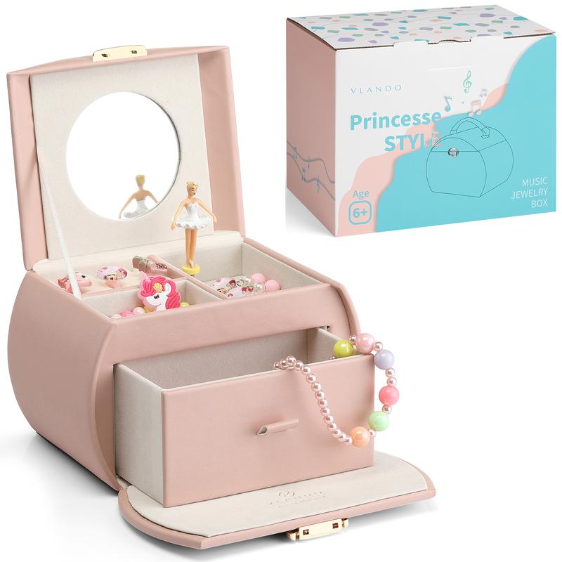 VLANDO Kids Musical Jewelry Box for Girls with Drawer, Music Box with Ballerina and Stickers for Birthday Bedroom Decor, Christmas Thanksgiving Gifts for Girls Kids