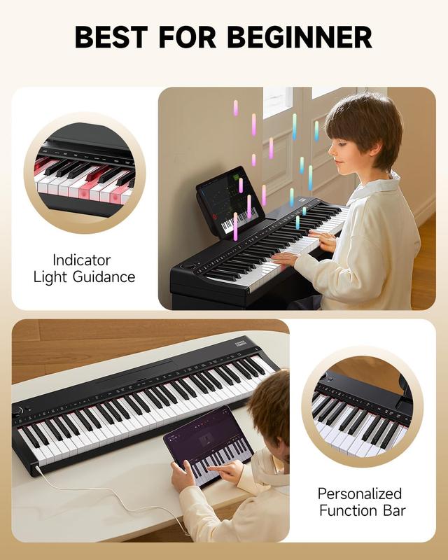 Donner DK-10S Electronic Keyboard Piano 61 Key for Beginners, with Indicator Light Guidance, Wooden Piano Stand& Music Stand, Supports USB-MIDI, AUX Out, Headphone Mode, Sustain Pedal, Black