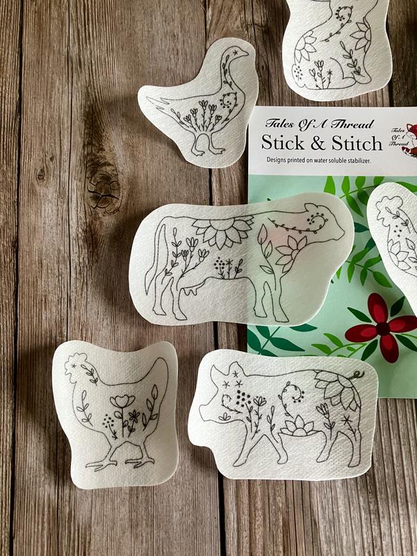 Stick and Stitch Folksy Farm Animal Hand Embroidery Water Soluble Designs for Hoops, Clothes, Totes, Hats, Caps, T-Shirts, Sweatshirts