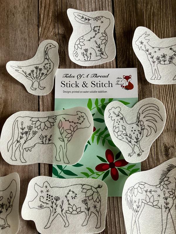 Stick and Stitch Folksy Farm Animal Hand Embroidery Water Soluble Designs for Hoops, Clothes, Totes, Hats, Caps, T-Shirts, Sweatshirts